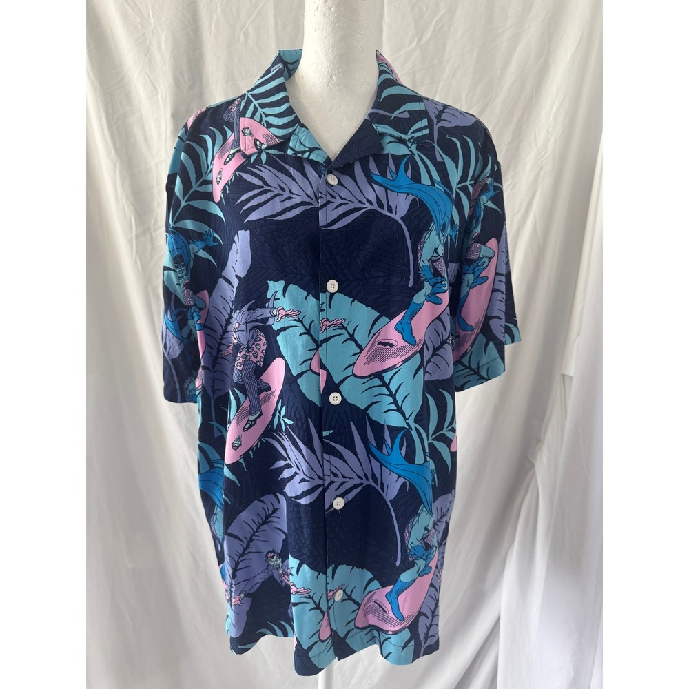 Batman Joker Surfing Tropical Rayon Button Down Shirt Navy Multi Small